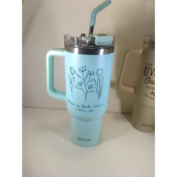 Kerusso 40 Ounce Travel Mugs Stainless Steel Lot Of 3 Blue Tan Gray Religious - Picture 7 of 10